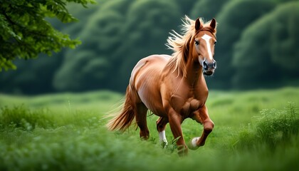 Wall Mural - Elegant bay horse galloping across vibrant green grass in serene natural setting