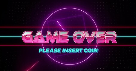 Poster - Game over text animation with Please Insert Coin over neon geometric shapes