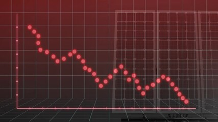 Poster - Declining graph with red dots over solar panels in animation