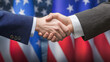 © Olga - Two people shake hands in front of an American flag, symbolizing diplomatic efforts over sanctions during key Senate talks.