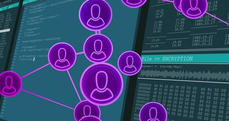 Canvas Print - Network of user icons and encryption process animation over computer code