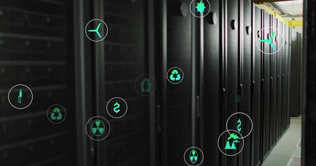 Poster - Animation of eco icons and digital data processing over computer servers