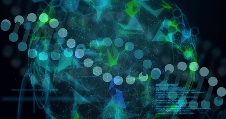 Poster - Animation of scientific data processing over globe and dna strand on dark background