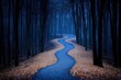© Thitiporn - Mysterious Winding Path in the Blue Forest: A winding path disappears into the depths of a dense, blue-tinged forest, shrouded in mystery and intrigue. The path is lined with fallen leaves