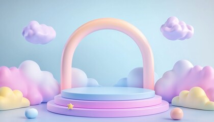Poster - Pastel Color Background With Clouds And Weather On A 3d Product Podium, Featuring Empty Space For Kids Or Baby Products.