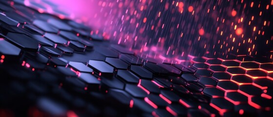 Poster - Background gaming abstract neon glowing hexagon black honeycomb carbon technology wallpaper AI generated image