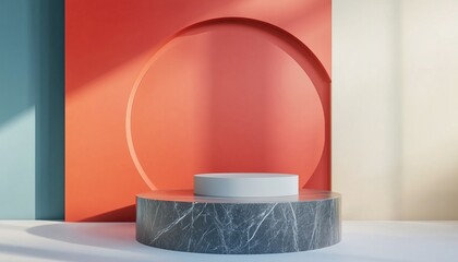 Poster - Modern Minimalist Mock Up For Podium Display Or Showcase Featuring An Abstract Geometric Shape Background. Ideal For Presentations And Showcasing Products.