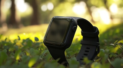 Smart watch technology black screen digital display on grass background wallpaper AI generated image