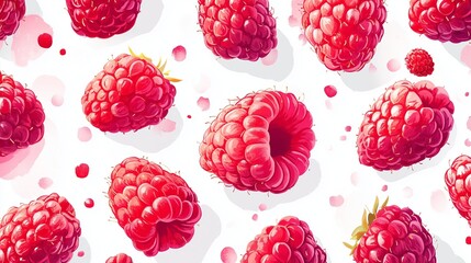 An artistic, flat style illustration of juicy raspberries on a bright white background. The illustration captures the vivid color and texture of the raspberries with clean lines