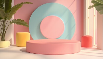 Poster - 3d Rendering Of Podium And Abstract Geometric With Empty Space For Kids Or Baby Products, Vast Opportunities For Branding.