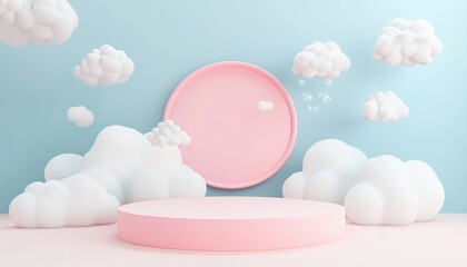 Poster - Colorful Pastel 3d Rendering Podium Background With Clouds And Weather Theme, Featuring Empty Space For Kids Or Baby Product Display.