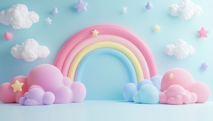 Poster - Vibrant Pastel Clouds And Rainbow In 3d Rendering With Open Space For Children'S Or Infant Products. Bright And Inviting Design.