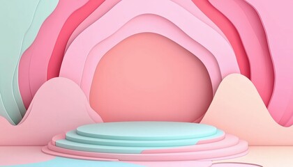 Poster - Geometric Pastel Color Background With Adorable Paper Cut Design: Perfect For Kids' Designs Or Product Display Podiums. 3d Render Included.