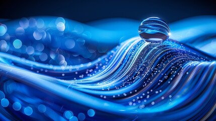 Abstract Blue Background, 3D Rendered Flowing, Liquid Metal Waves with a Round Droplet