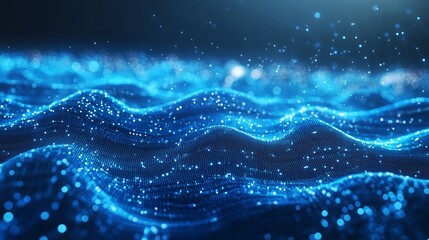 Poster - glowing blue waves with shimmering particles creating a dynamic digital atmosphere at dawn