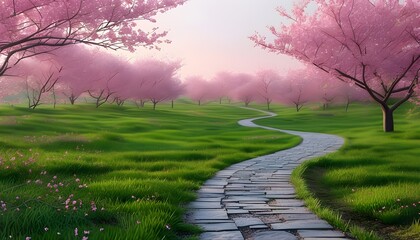 Wall Mural - Tranquil stone pathway through a vibrant green field adorned with blooming pink cherry blossoms beneath a pastel sky