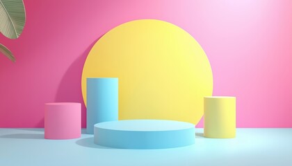 Poster - Abstract 3d Background With Realistic Cylinder Pedestal Podium In Blue, Yellow, And Pink. Minimal Scene Mockup Product For Promotion Display. Geometric Forms.