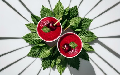 Two cherry smoothies with mint on a white background, emphasizing a healthy lifestyle and summer drinks concept.