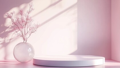 Poster - Elegant 3d White Cylinder Pedestal Podium With Glass Geometric Shape Backdrop And Lighting In Pastel Pink Minimal Wall Scene. High-Quality Rendering Platform Design.