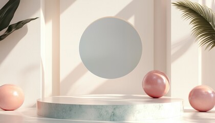 Poster - 3d Rendering Of Podium And Abstract Geometric Shapes With Open Space For Children Or Baby Products Design Display.
