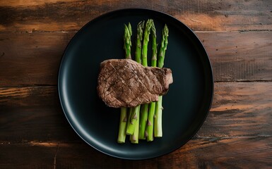 A perfectly cooked steak served with asparagus on a sleek black plate.