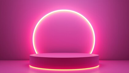 Poster - Minimalistic Scene Featuring Realistic Pink 3d Cylinder Pedestal Podium And Neon Semi-Circle Lamp For Product Showcase. Geometric Platform Design.