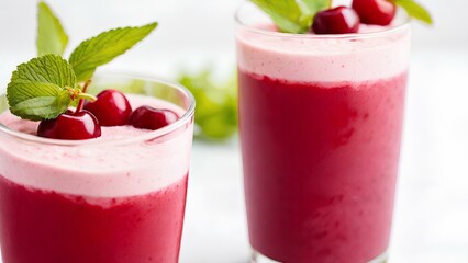 Two glasses of refreshing cherry smoothies with mint and fresh cherries, set against a white background.