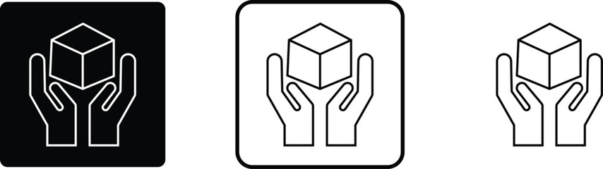 Handle with care sign icons set isolated on transparent background, black vector collection. Fragile box symbol Logistics and delivery shipping label. hand holding box important package handing sign.