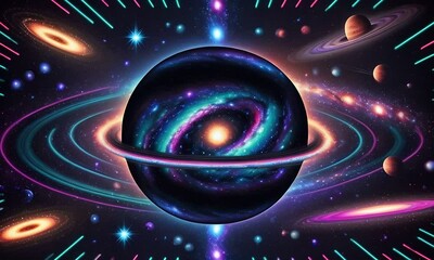 Wall Mural - Psychedelic cosmic animation. Bright universe animation with vivid galaxy and nebulas, illustrations transformations and metamorphose. AI generated cinematic video