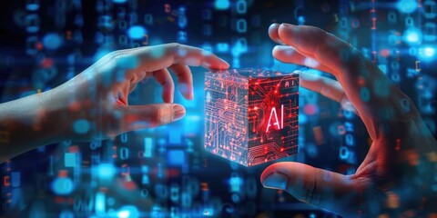 two hands reach towards a glowing red cube with ai etched into its surface, against a backdrop of bl