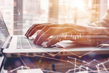 A close-up shot of a hand typing on a laptop keyboard, with digital data and graphs overlaid, suggesting a flow of information and data analysis