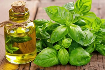 A glass bottle of basil oil with a cork stopper sits on a rustic wooden surface next to a sprig of fresh basil leaves