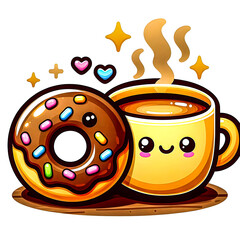 Wall Mural - A cute pairing of a chocolate doughnut and a steaming cup of coffee vector art illustration on a white background.

