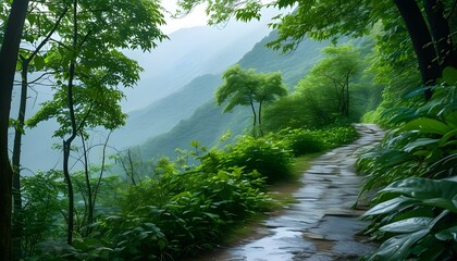 Wall Mural - Serene rainy mountain path surrounded by lush green foliage, evoking tranquility and inviting relaxation in natures embrace