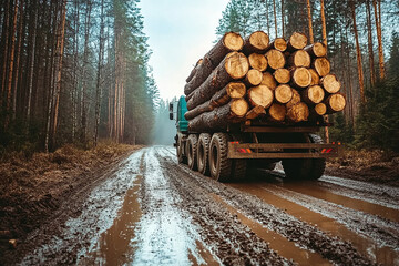 a logging truck carries freshly sawn logs along a muddy road