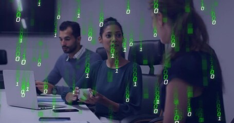 Poster - Animation of data processing over diverse business people talking