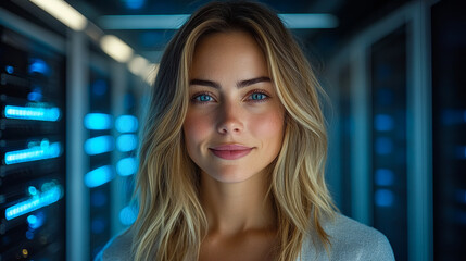 Wall Mural - A woman with blonde hair and blue eyes is smiling at the camera. She is wearing a white sweater and is standing in a room with blue lights