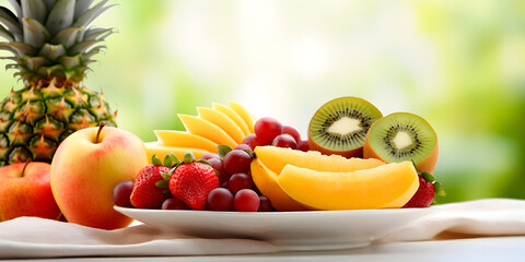 Wall Mural - Healthy plate with different types of tropical fruits, blurry background 