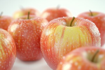 Wall Mural - A dynamic 3D of fresh, juicy apples, shown in close up against a stark white background. The highlights the detailed textures and vibrant colors of the apples with realistic