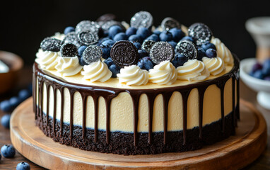 Wall Mural - A chocolate and blueberry cake with whipped cream and blueberries on top. The cake is sitting on a wooden board