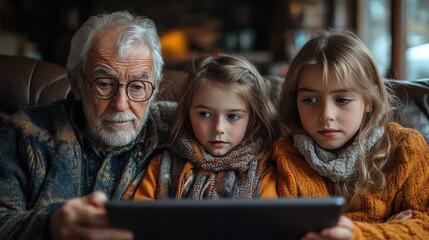 Multi-generational family sharing technology on the sofa, showcasing family togetherness