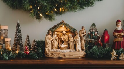 Wooden Nativity Scene with Christmas Decorations