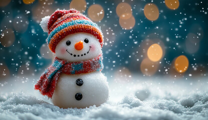 Wall Mural - A snowman with a red hat and scarf is smiling in the snow. The image has a cheerful and festive mood, as it captures the joy of winter and the fun of building a snowman