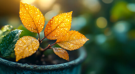 A leafy plant in a pot with water droplets on it. Concept of freshness and growth, as the leaves are still vibrant and healthy despite the rain