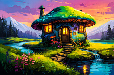 A cozy mushroom house perched by a gently flowing river vector oil painting art illustration on a white background.
