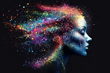 Sticker - Neuroplasticity neurite brain computer interface mind mapping and pattern recognition abstract female profile with glowing neural network particles flowing from head