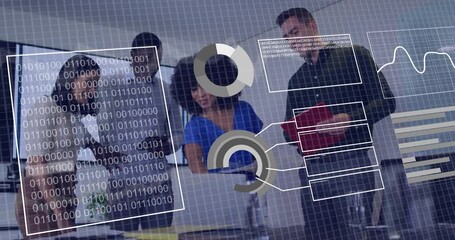 Poster - Business team collaborating with data charts and binary code animation