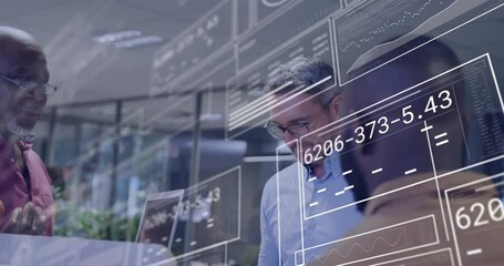 Poster - Business professionals discussing data with digital interface animation over office setting