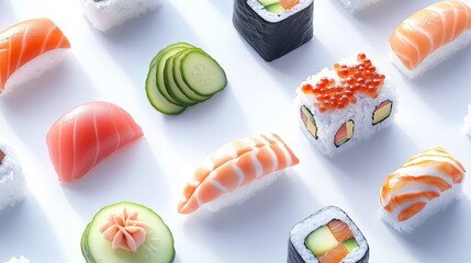 A realistic, close up image of assorted sushi pieces on a clean, bright white background. The sushi includes salmon nigiri, tuna sashimi, and cucumber rolls, with intricate