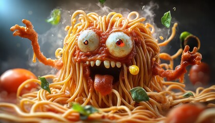 Spaghetti Monster with Flying Pasta Arms and Googly Eyes in a Humorous Scene